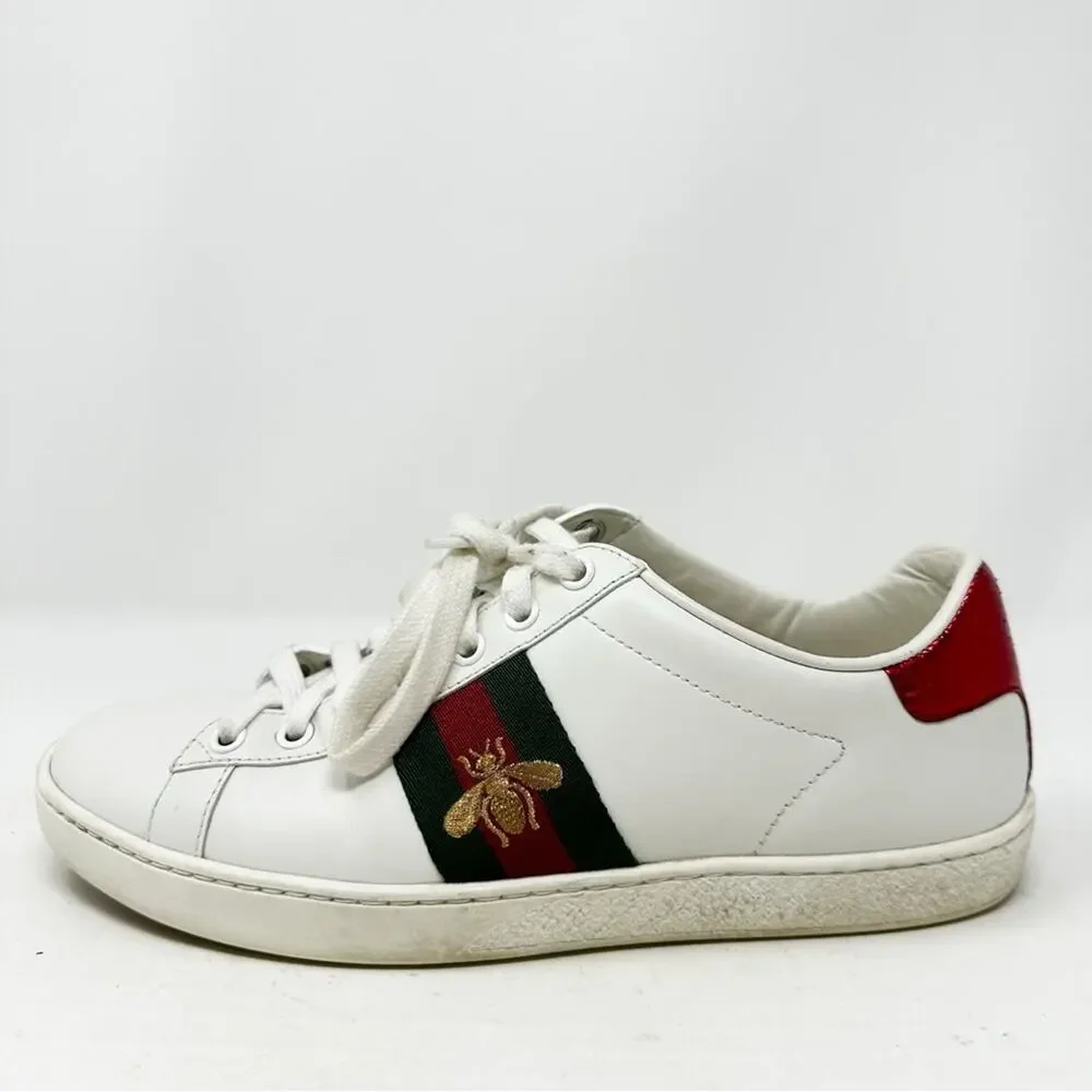 Gucci Ace Bee Web Stripe Leather Sneakers Womens Size EU 37.5